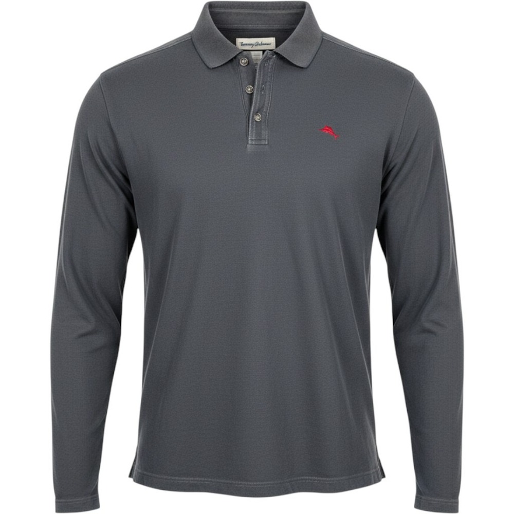 Tommy Bahama Mens Emfielder Long Sleeve Polo Shirt Gray Supima Cotton Large